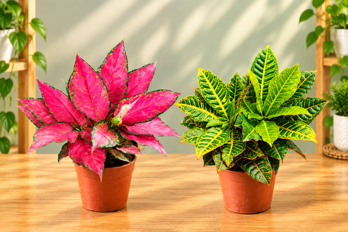 Set Of-2, Patra Croton Plant In 8 Inch Nursery Pot And Pink Aglaonima 6 Inch Nursery Pot.