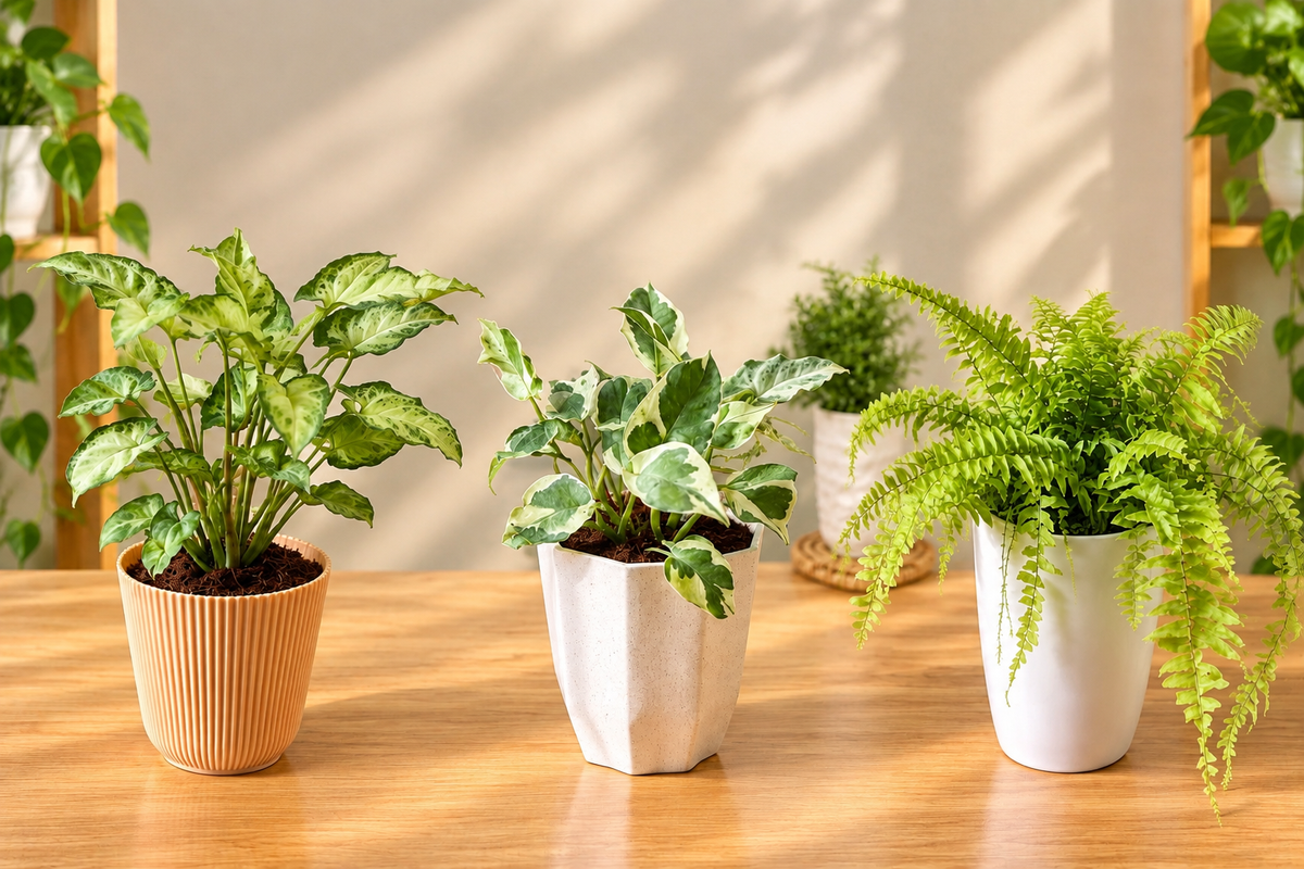 Set Of-3, Dwarf Singonium, Marble Money Plant, Golden Fern, In 4 Inch Orchid Round Pot